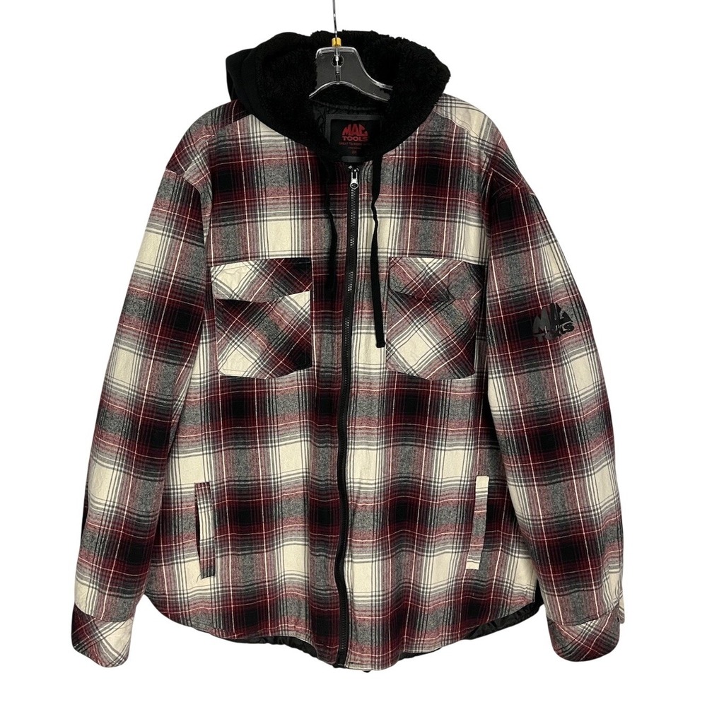 Mac Tools Men Size‎ 2X  Plaid Flannel Quilt Lined Full Zip Hooded Burgundy